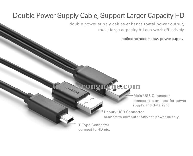 Ugreen 10346 0.5M màu Đen Cáp sạc truyền dữ liệu USB 2.0 sang MICRO USB có trợ nguồn USB US107 30010346